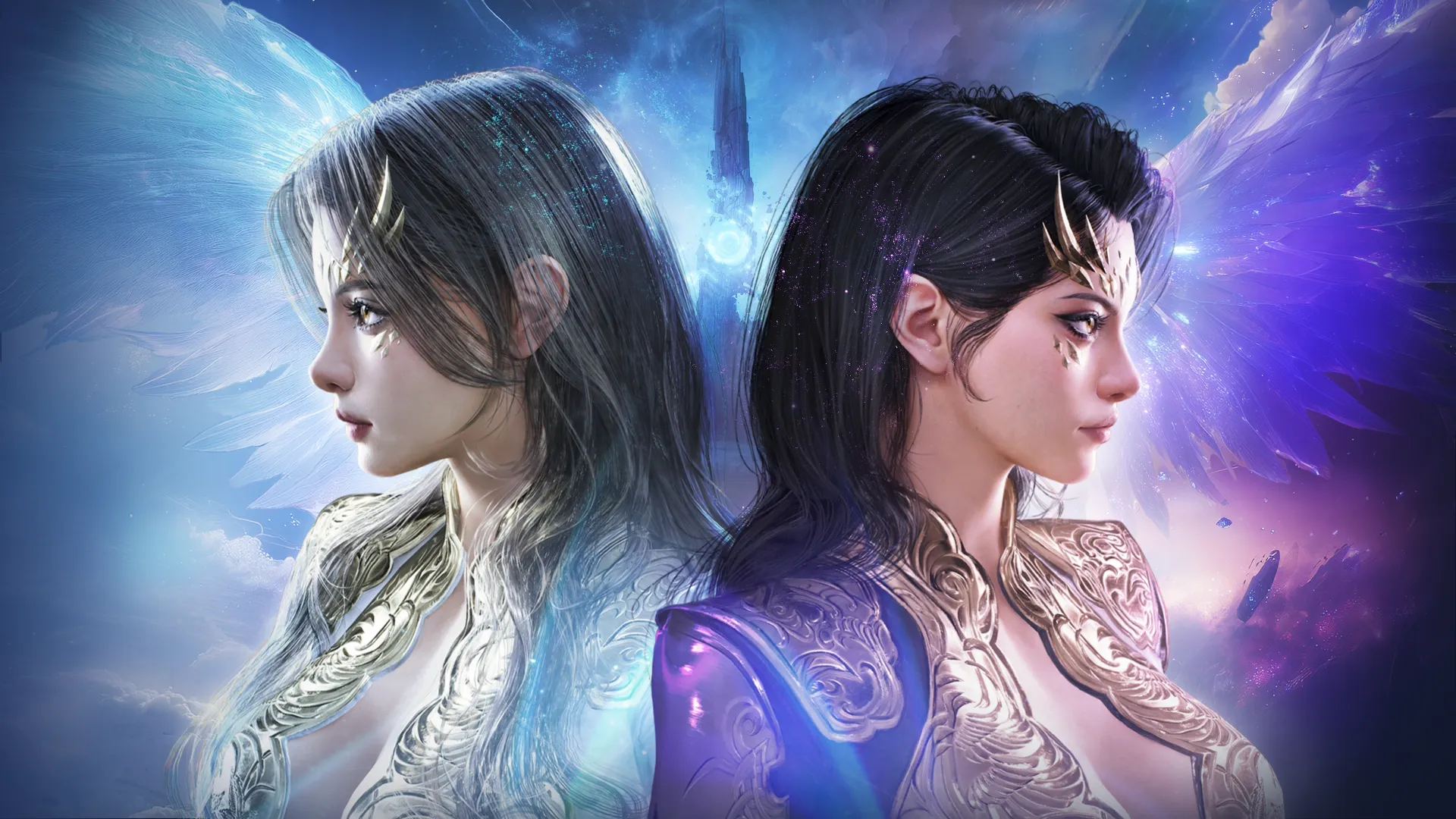 Elyos and Asmodian winged Daevas facing each other, official AION 2 key art