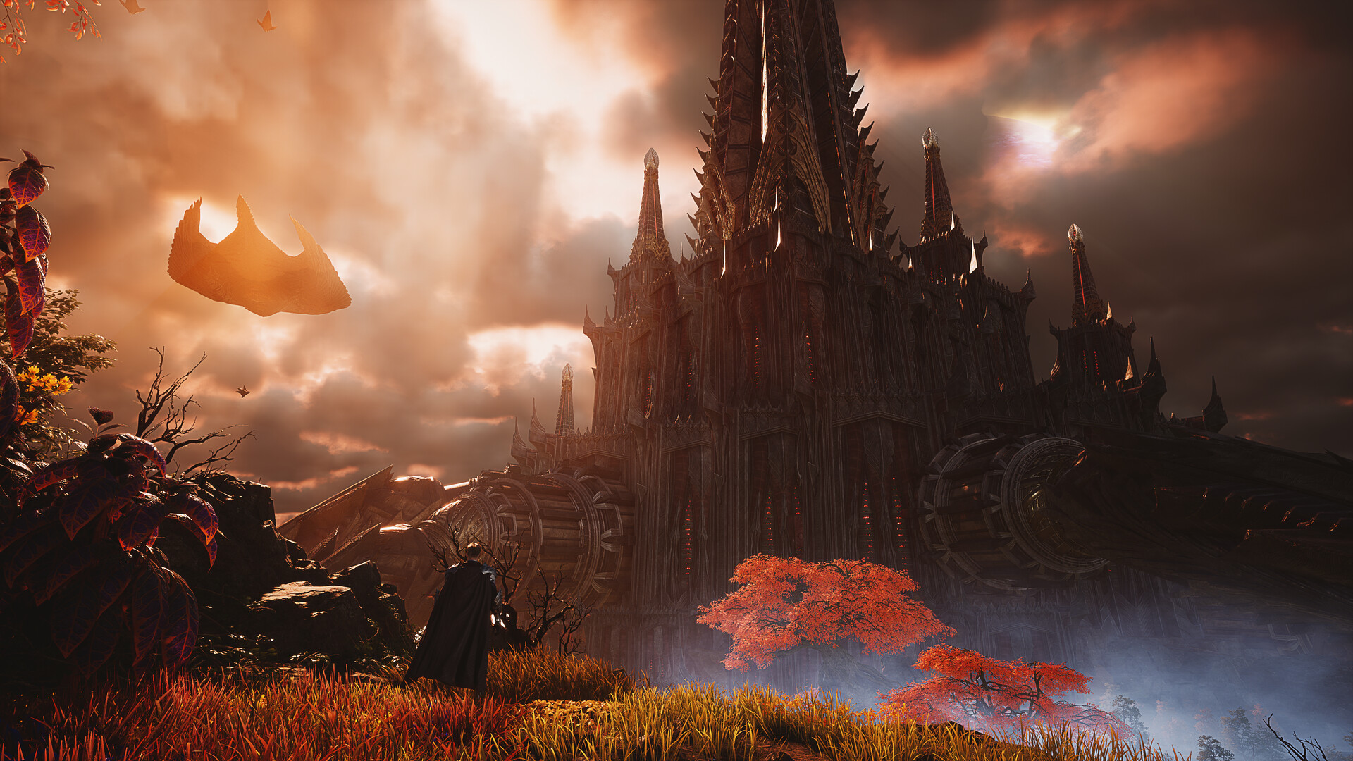 A lone Daeva gliding toward a dark fortress at sunset