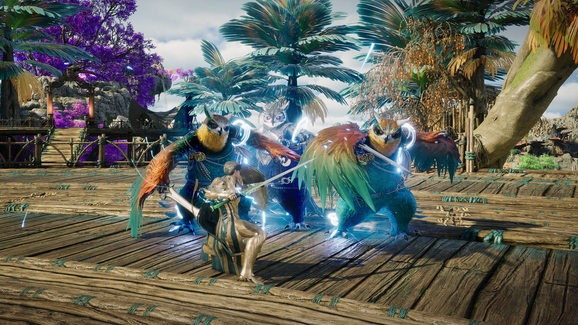 A Daeva fighting winged owl-beasts in an AION 2 jungle ruin