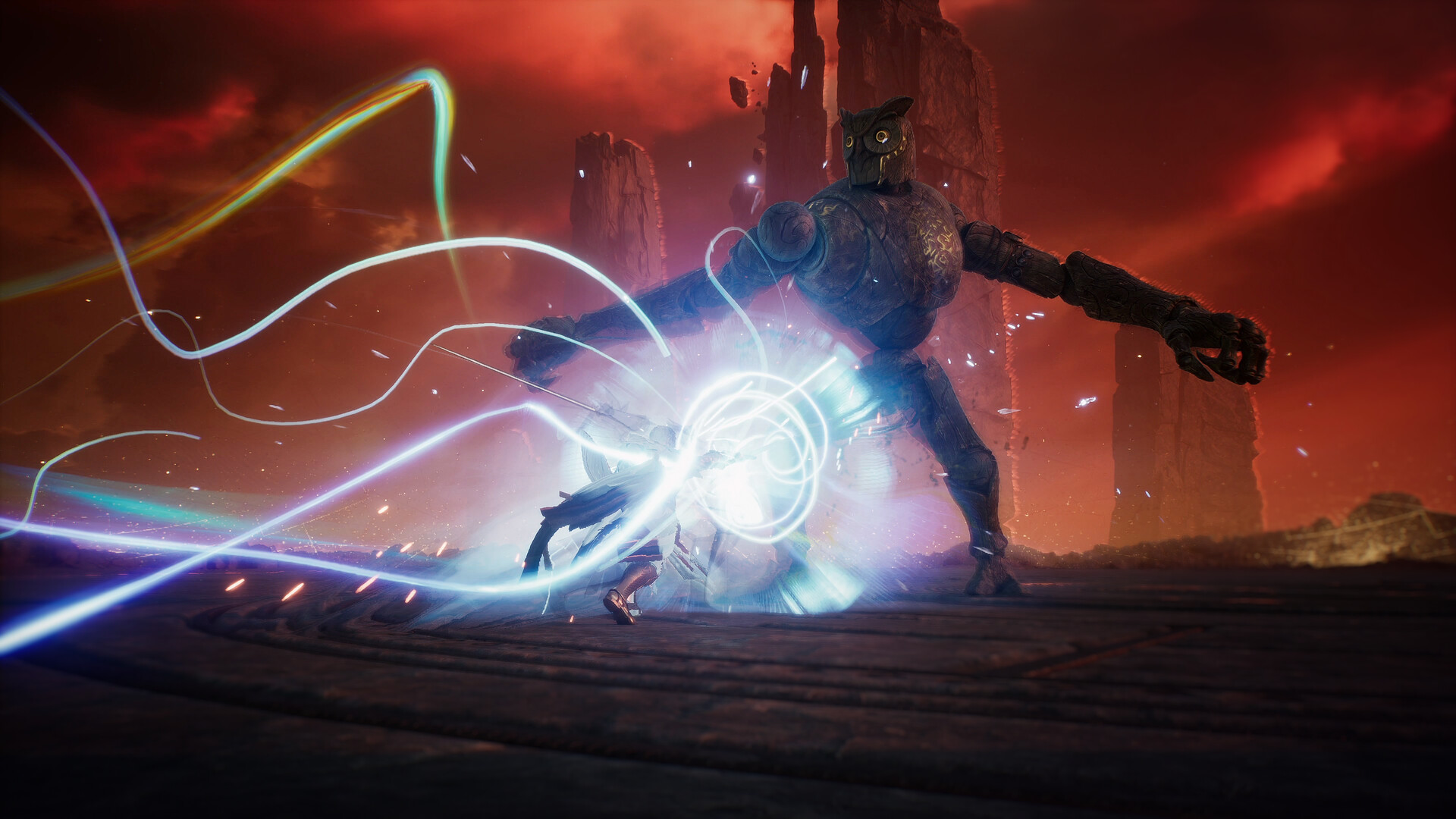 A Daeva dueling a giant owl-golem boss under a red sky