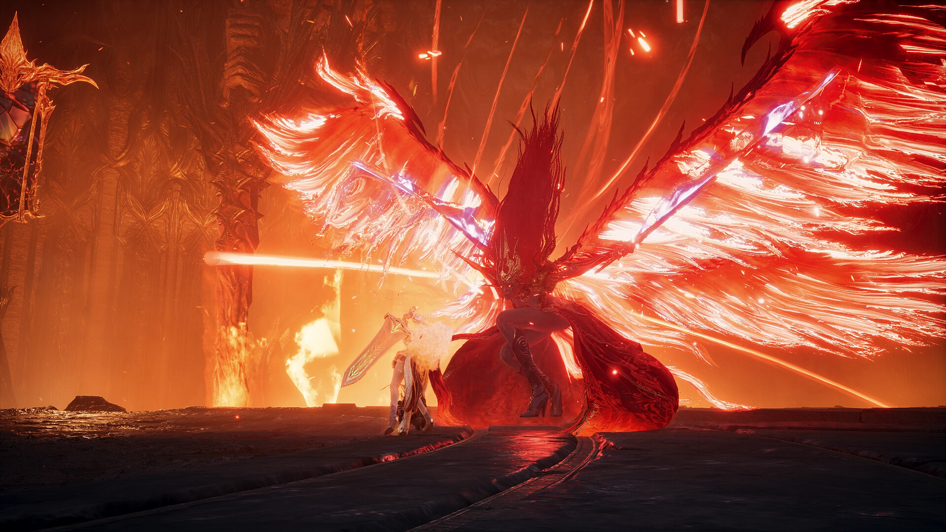 A Daeva facing a fiery red-winged boss in a burning hall