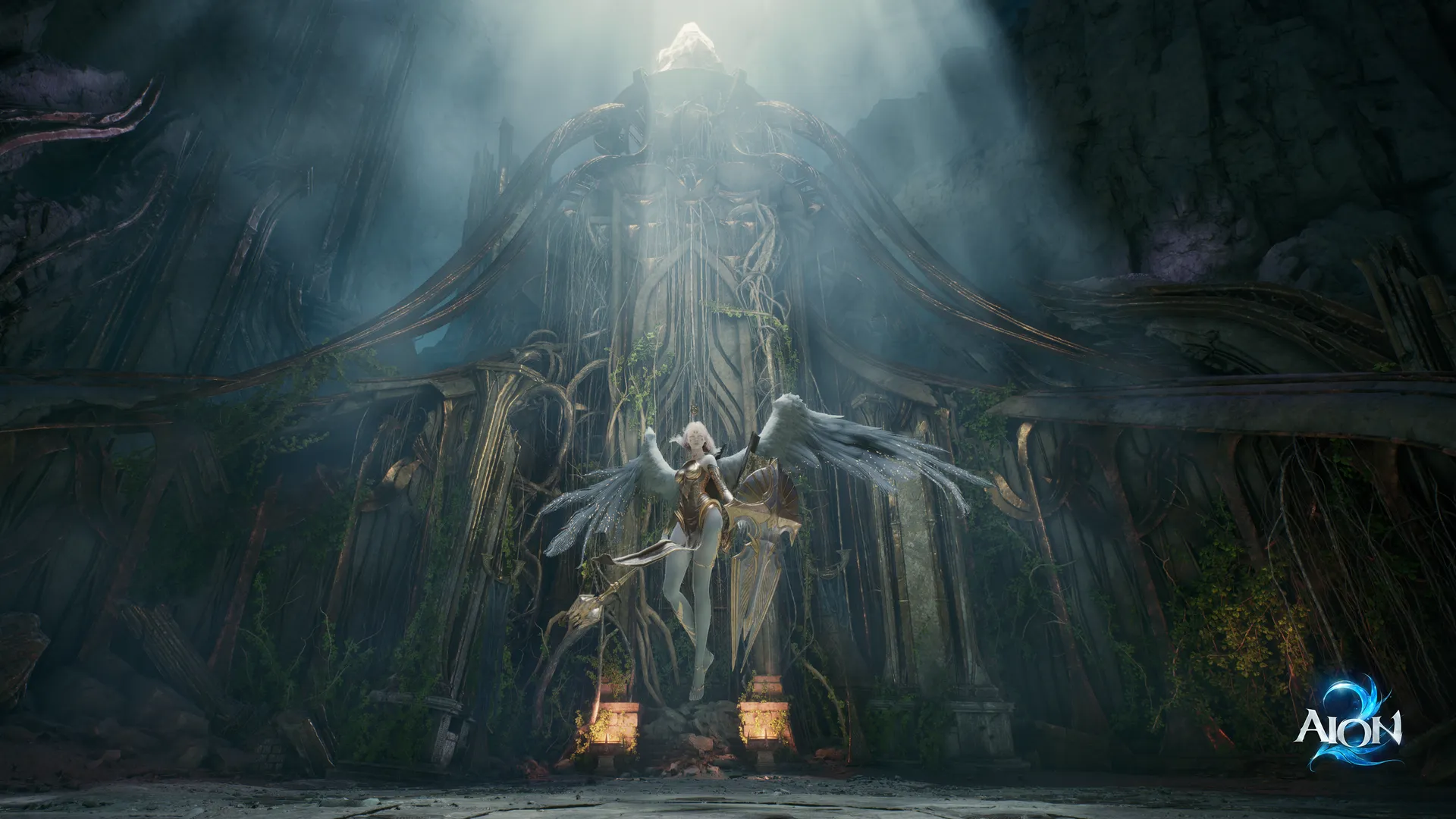 A white-winged Elyos Daeva in ancient ruins, official AION 2 artwork
