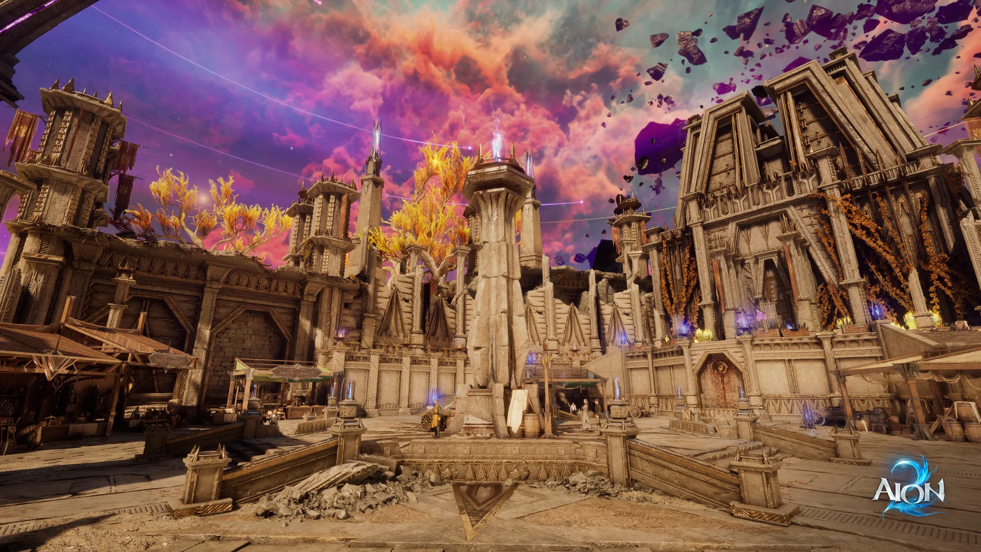 Ancient Atreian city under a shattered sky, official AION 2 artwork