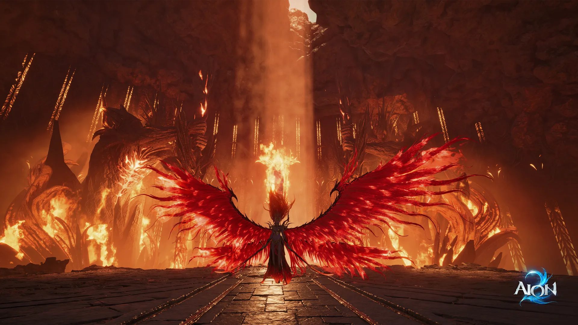 A Daeva with blazing red wings in a burning hall, official AION 2 artwork