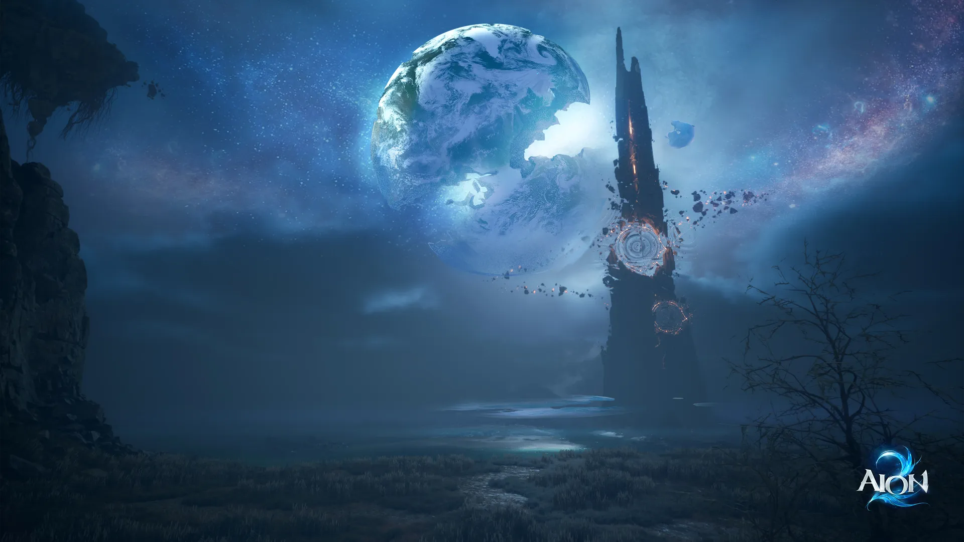 A shattered moon and lone tower over night waters, official AION 2 artwork